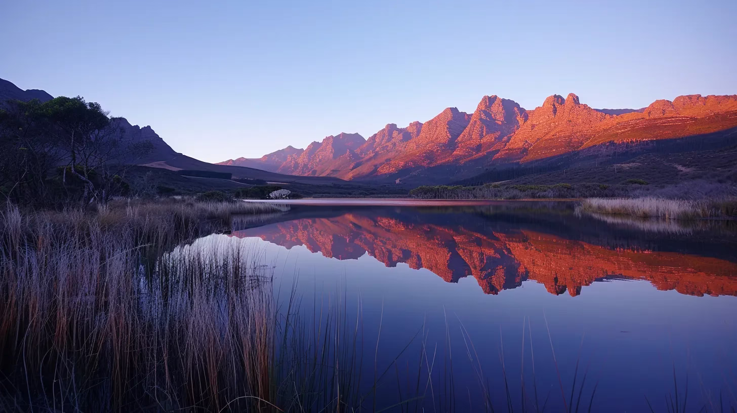 a majestic sunrise casts golden light over a tranquil mountain lake, reflecting vibrant hues of orange and pink while towering peaks stand proud against a clear blue sky.