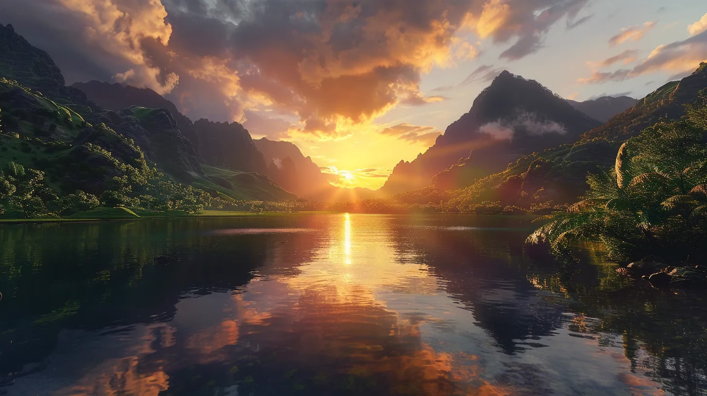 a majestic sunrise casts golden light over a tranquil lake, reflecting the vibrant hues of the sky amidst a backdrop of lush, verdant mountains.