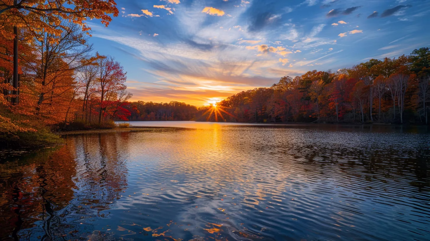 a majestic sunset casts a warm golden glow over a tranquil lake, where vibrant reflections of colorful autumn leaves dance on the water's surface.