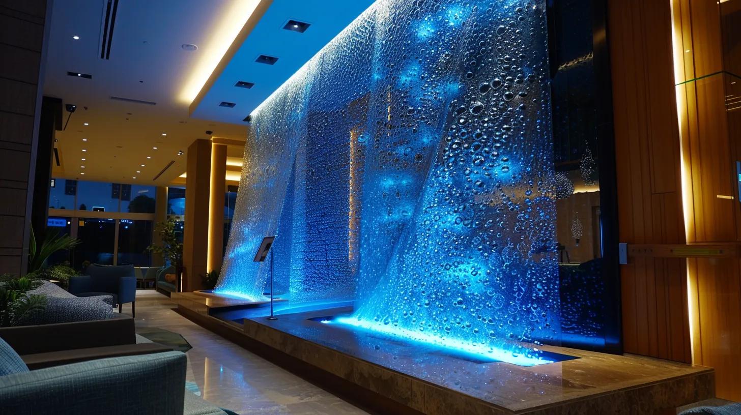Acrylic Water Bubble Wall: A Stunning Focal Point 6 a mesmerizing acrylic water bubble wall gleams under customizable led lights, seamlessly integrated into a sleek, modern commercial lobby, casting dynamic reflections that captivate visitors and enhance the upscale ambiance.