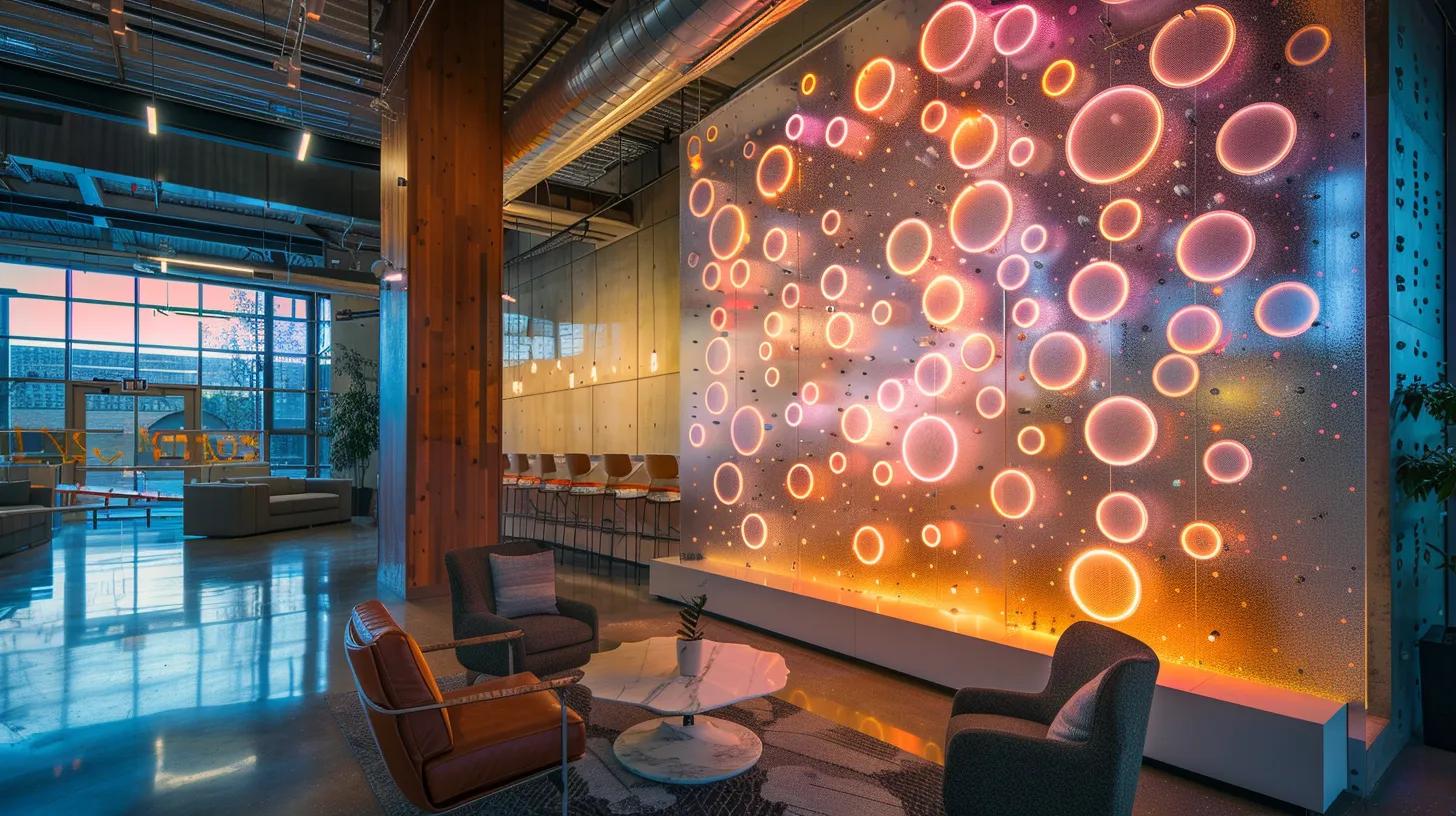 a mesmerizing bubble wall illuminated by dynamic led lighting glows in a sleek, modern office, creating an engaging focal point in the contemporary workspace.