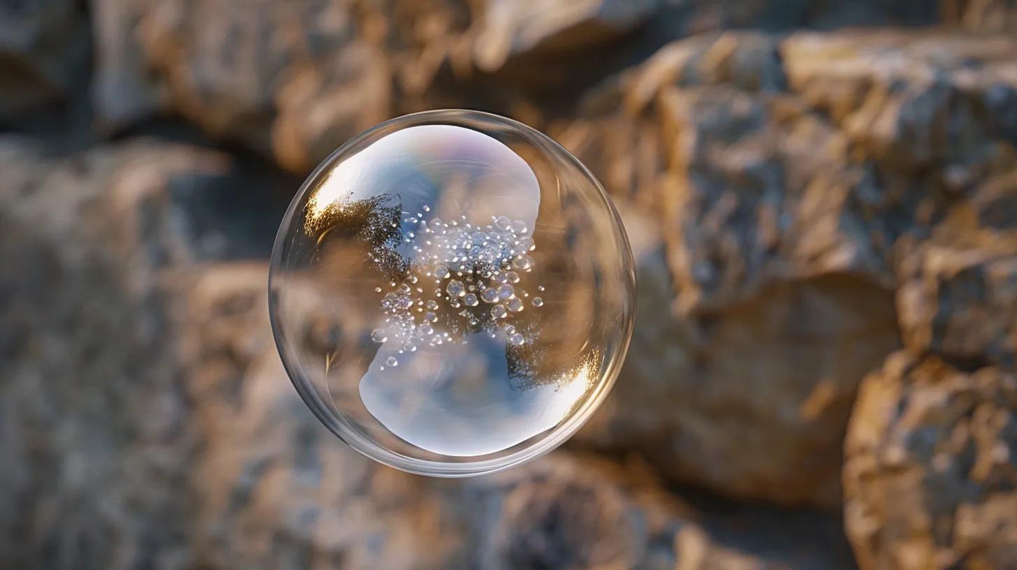 a mesmerizing close-up of a water bubble trapped within the transparent surface of a textured wall, highlighting the intricate details of the bubble's reflections and distortions against the rugged backdrop.