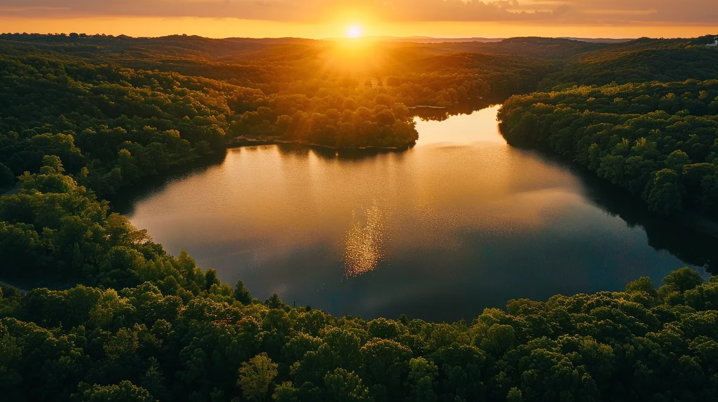 Advantages of Using a Mesh Wall for Outdoor Areas 6 a mesmerizing sunset casts a warm golden glow over a tranquil lake, surrounded by lush, verdant forests that reflect beautifully on the water's surface.