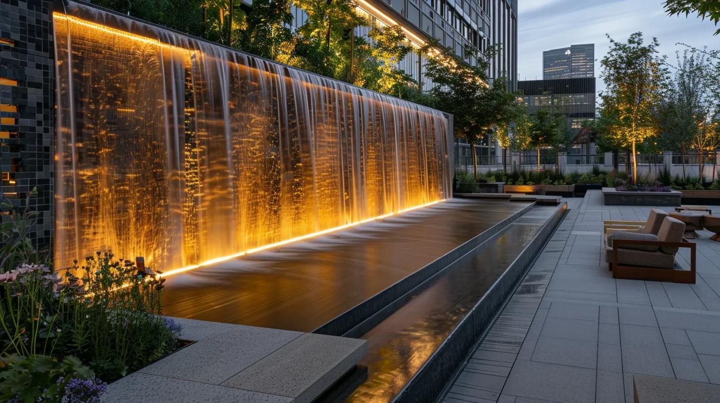 Elegant illuminated water wall feature in a modern outdoor space, enhancing landscape architecture with tranquil aesthetics and seamless integration into the surrounding garden and seating area.