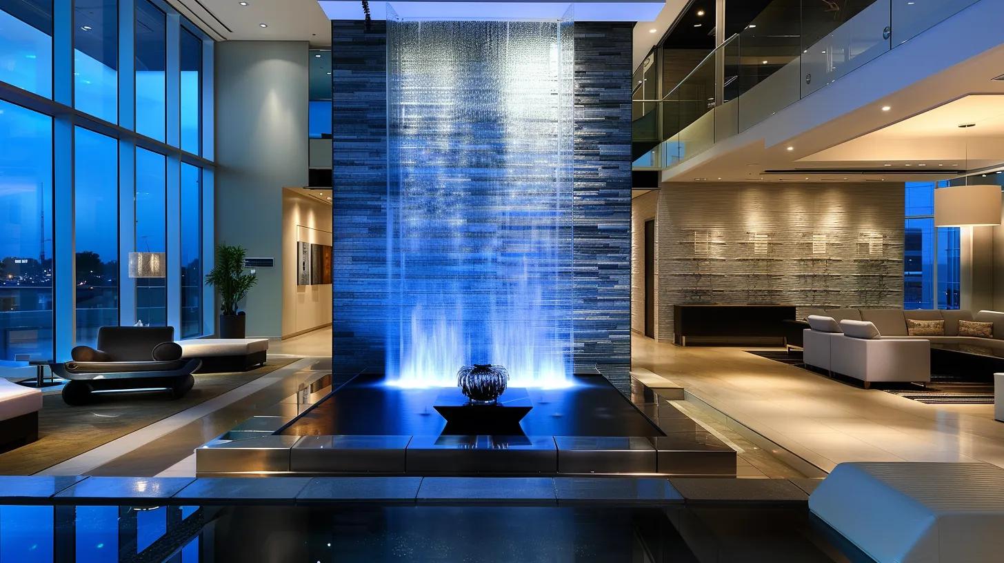 a modern office interior featuring a sleek, custom water feature as a striking centerpiece, illuminated by soft led lighting that reflects off the elegant surfaces, creating a soothing yet sophisticated atmosphere.