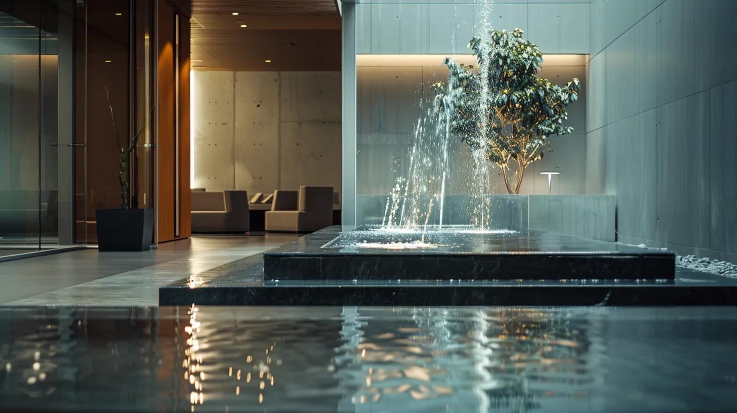 a modern office interior showcases an elegant custom indoor water feature, with sleek geometric lines and tranquil water cascading into a polished stone basin, illuminated by soft, ambient lighting that enhances the serene atmosphere.