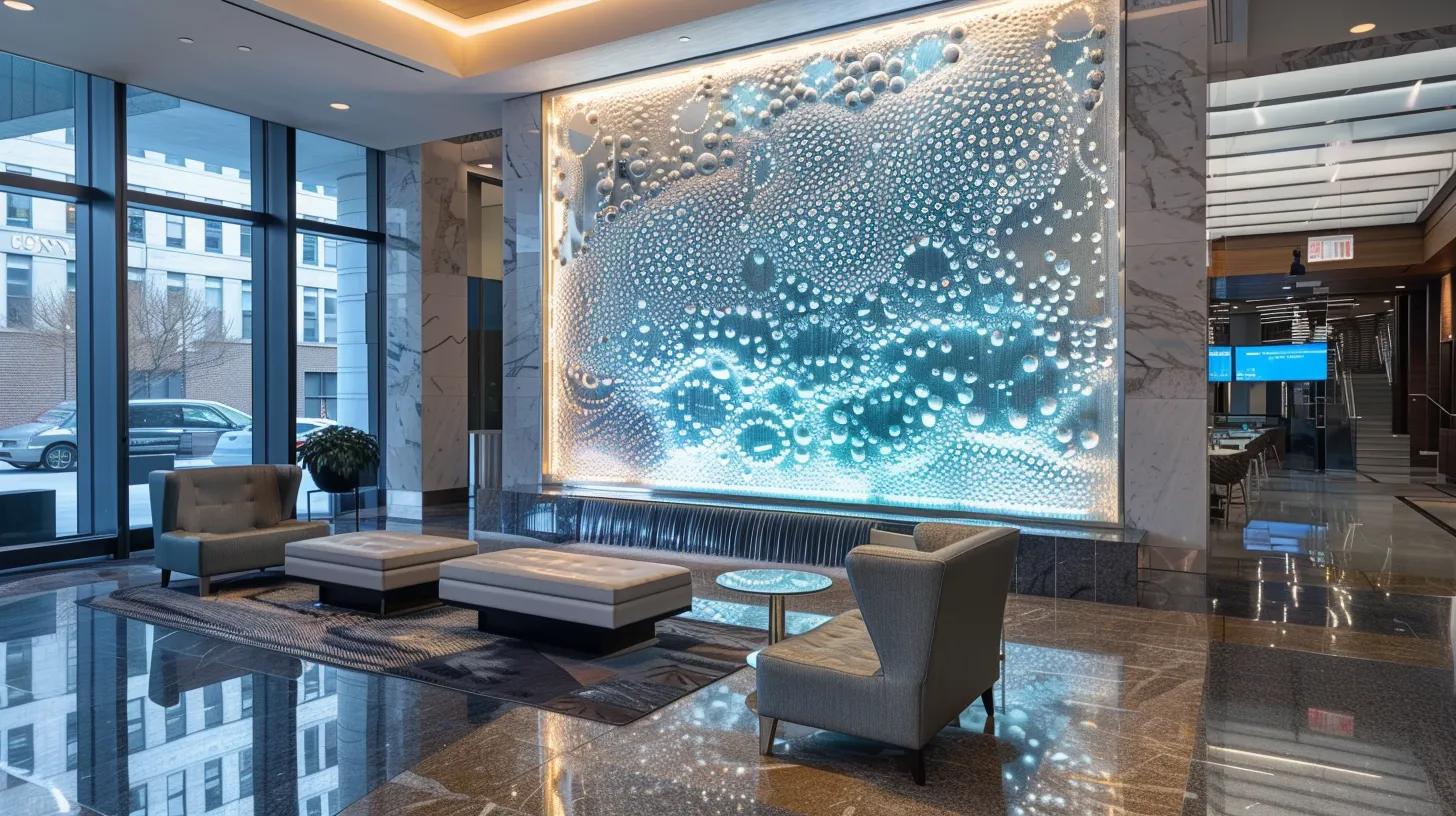 a modern office lobby showcases a striking acrylic water bubble wall, its shimmering bubbles creating a mesmerizing display against sleek marble floors and contemporary furnishings.