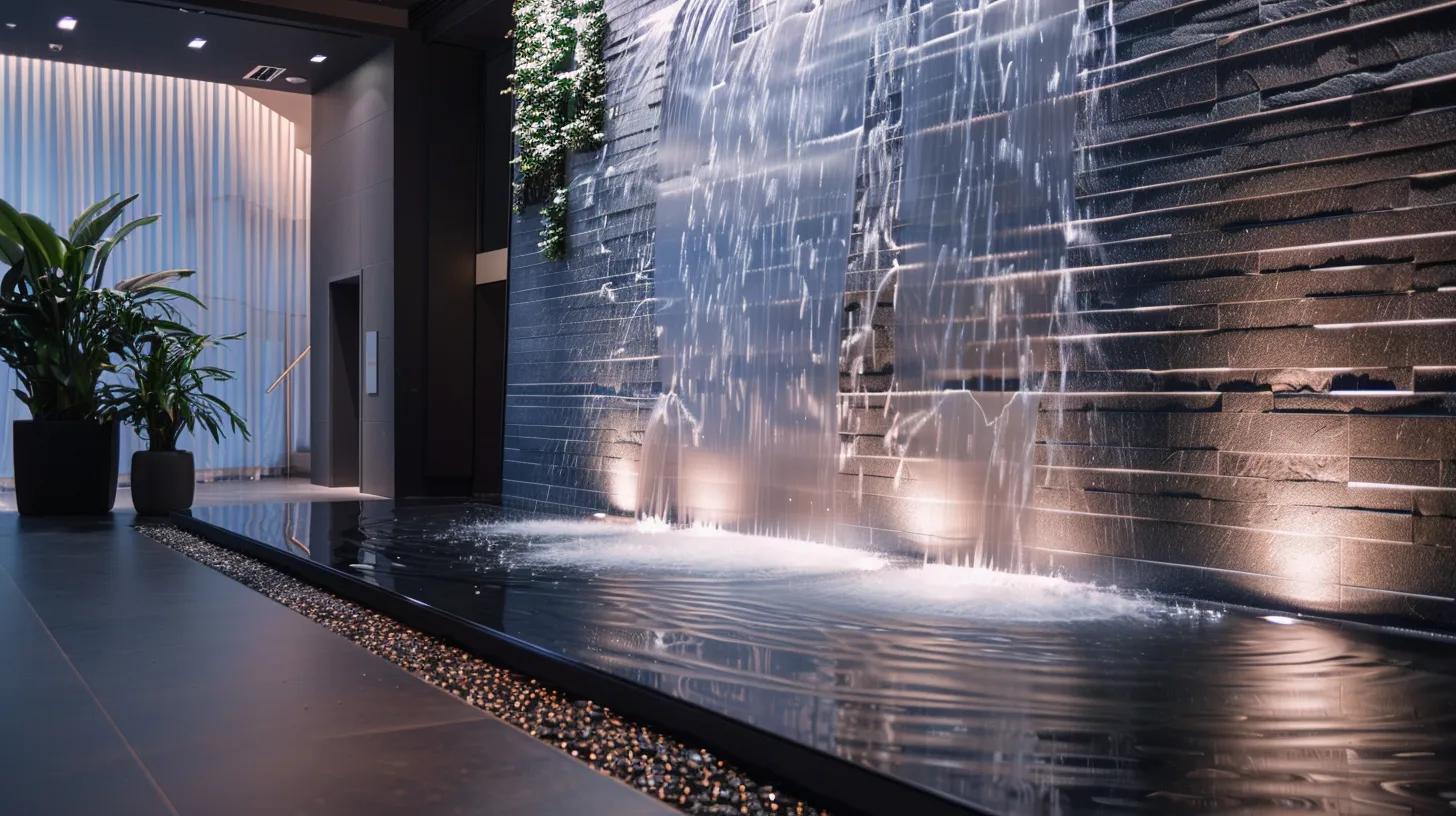 Transform Your Outdoors With a Decorative Waterfall Feature 3 a modern office space featuring a stunning indoor waterfall fountain seamlessly integrated into a sleek wall design, illuminated by soft led lighting that enhances the ambiance and promotes a creative atmosphere.