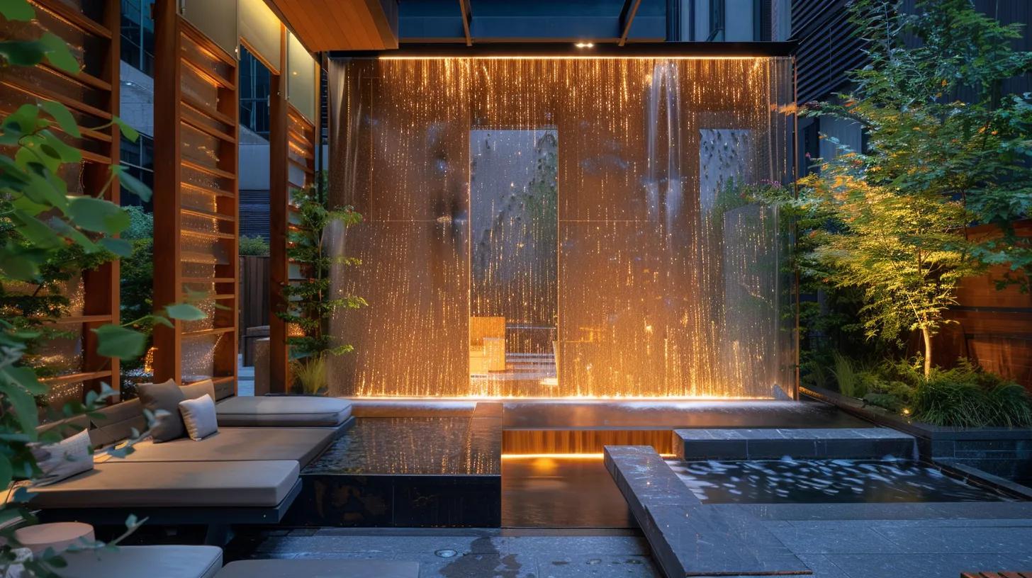Modern outdoor water wall with illuminated cascading water, surrounded by lush greenery and elegant seating area, enhancing tranquil ambiance in high-end outdoor space.