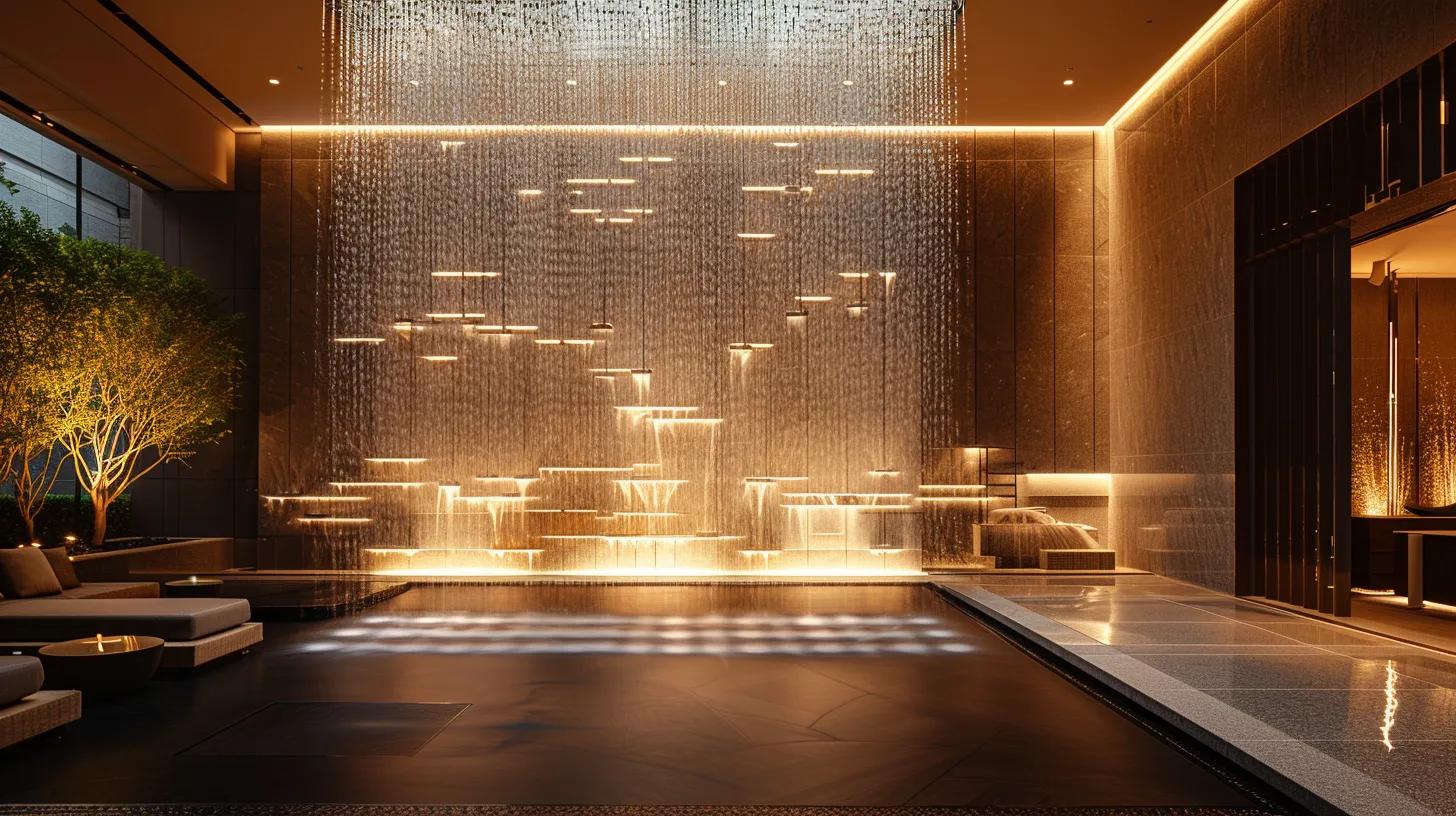 a modern, upscale indoor setting features an intricate custom water feature, elegantly illuminated with soft, ambient lighting that highlights its shimmering surfaces and sophisticated design, enhancing the luxurious atmosphere of the space.