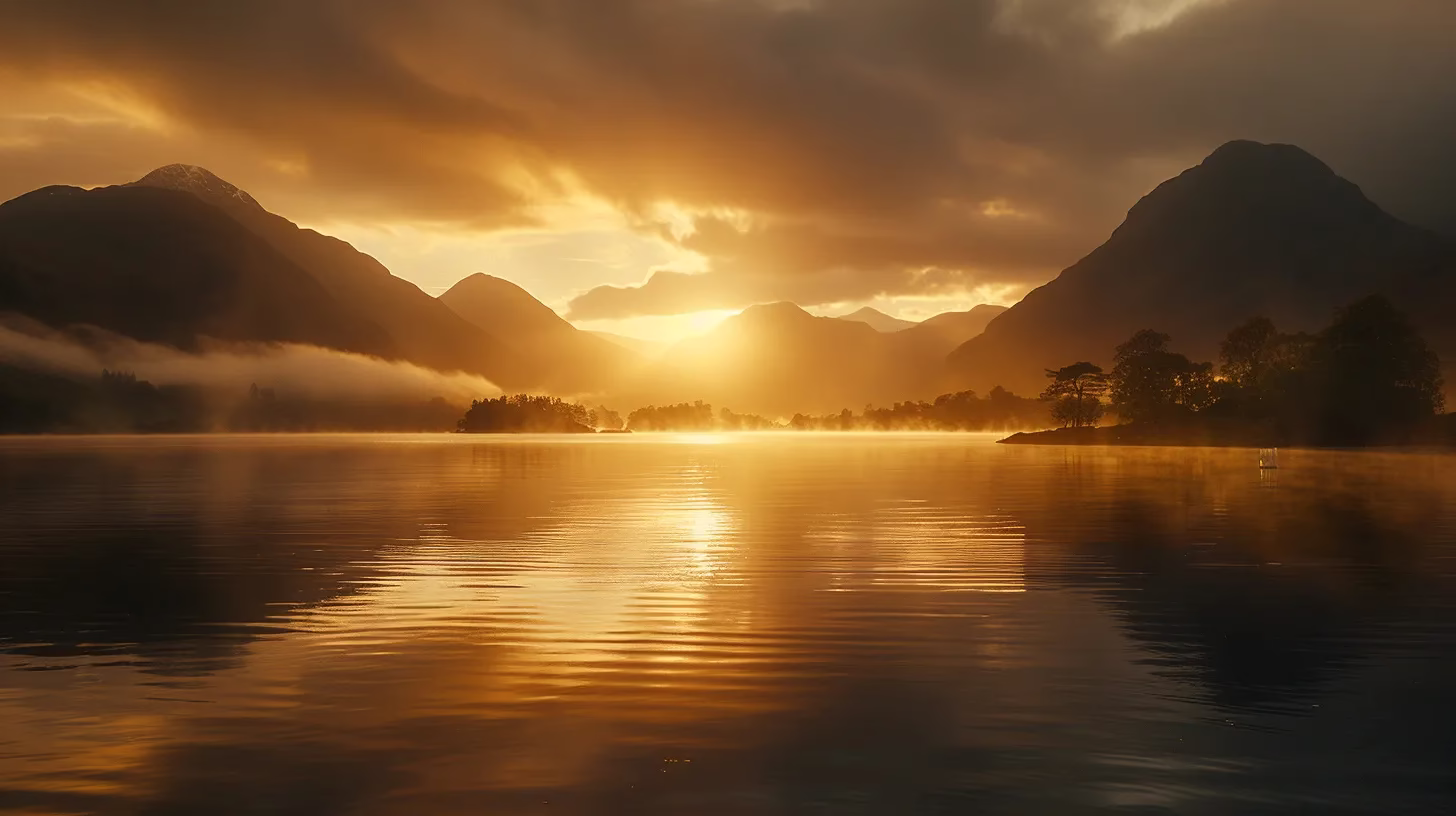 Experience Serenity With Fountain Tall Water Displays 2 a radiant sunrise bathes a tranquil lake in golden light, with mist rising gently from the water's surface and silhouettes of distant mountains framing the serene landscape.