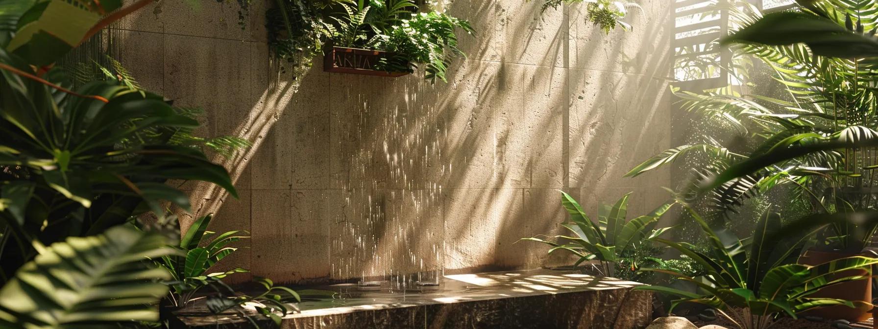 Stand Out Garden: Building a Water Wall Fountain Made Easy 2 Serene garden corner featuring a wall water fountain surrounded by lush greenery and sunlight filtering through leaves, enhancing the tranquil atmosphere.