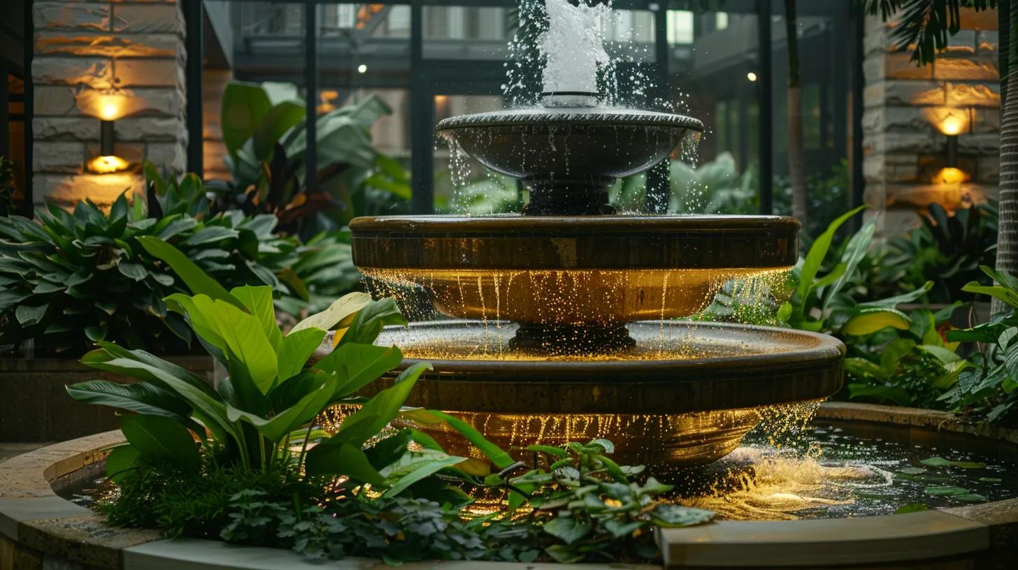 Indoor fountain with three tiers, surrounded by lush green plants, featuring flowing water and illuminated by soft lighting, enhancing tranquility and aesthetic appeal in interior spaces.