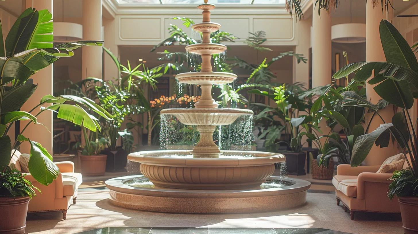 Indoor fountain surrounded by lush greenery and comfortable seating, enhancing tranquility in a serene indoor oasis.