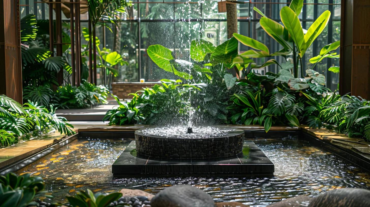 Indoor water fountain with a circular black stone base, surrounded by lush green tropical plants, creating a tranquil atmosphere in a well-lit space.