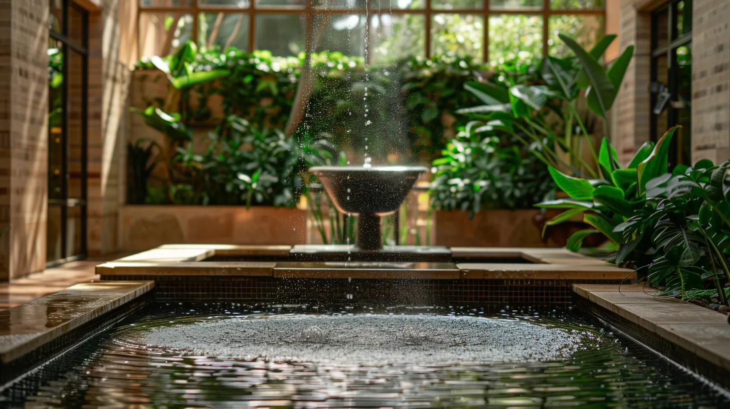 Indoor fountain surrounded by lush greenery, creating a tranquil atmosphere with water droplets cascading into a serene water basin, enhancing interior design and promoting relaxation.