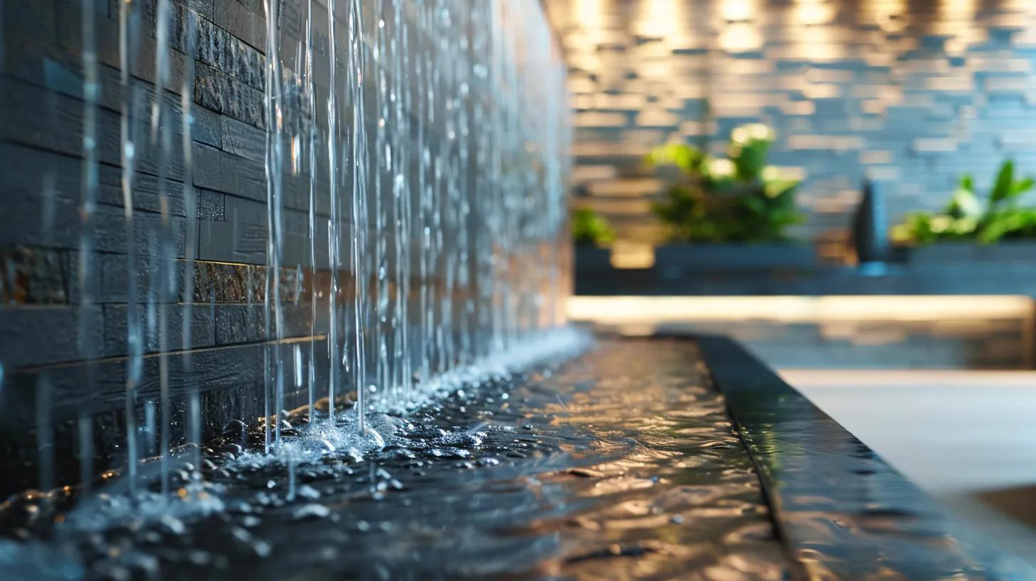 Indoor fountain with cascading water over a textured stone wall, creating a tranquil atmosphere, complemented by lush greenery and ambient lighting for a serene meditation space.
