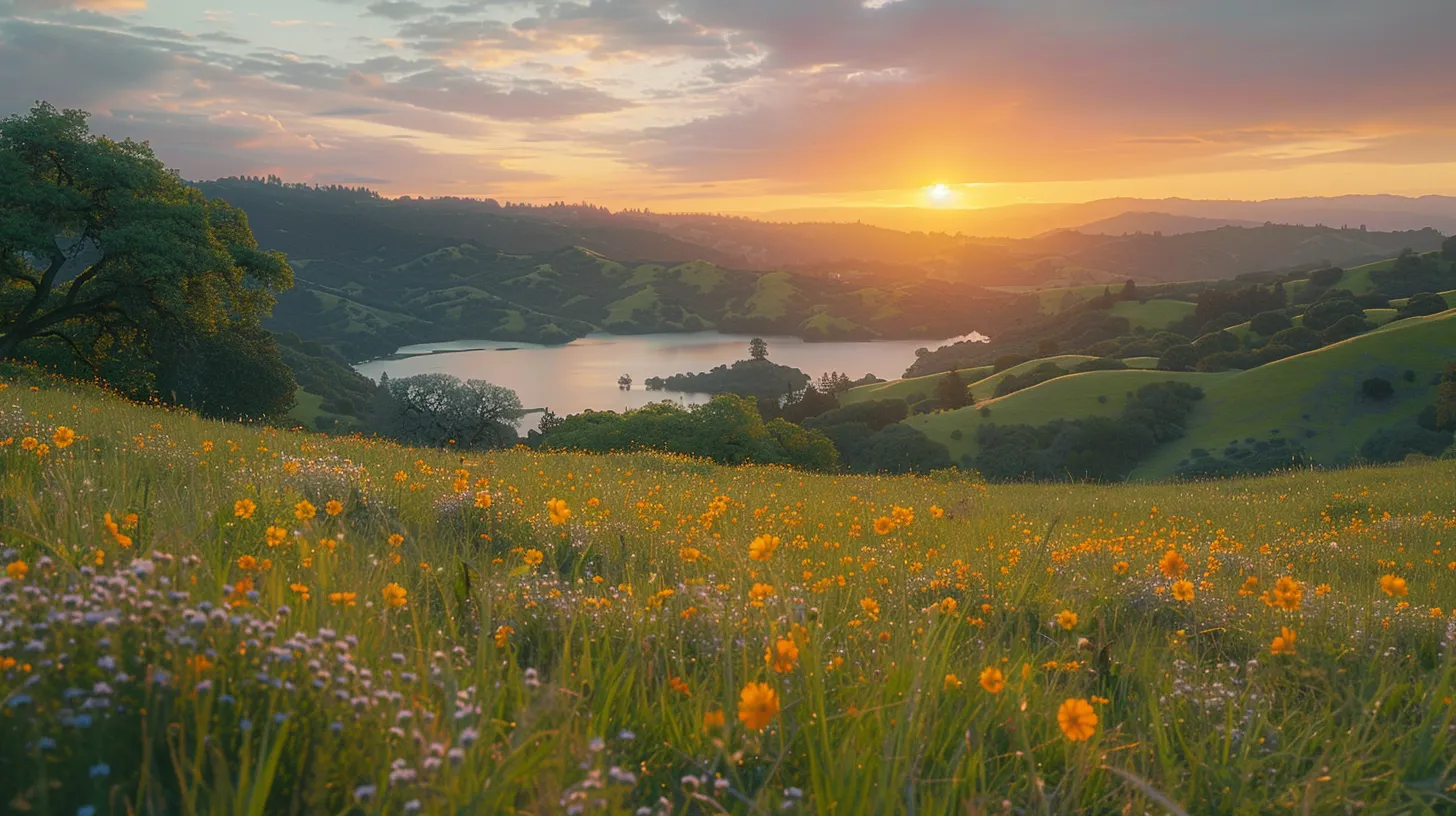 a serene landscape unfolds at sunrise, with vibrant orange and pink hues painting the sky above a tranquil lake, surrounded by lush green hills and a scattering of delicate wildflowers in the foreground.