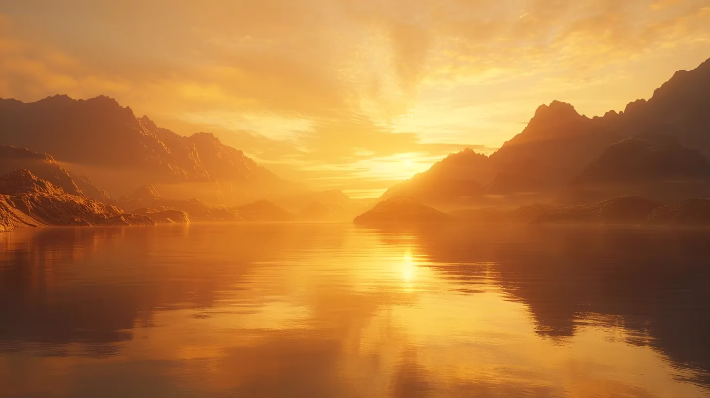 a serene landscape unfolds at sunrise, where vibrant orange and gold hues illuminate a tranquil lake surrounded by misty mountains, creating a breathtaking reflection on the glassy water surface.