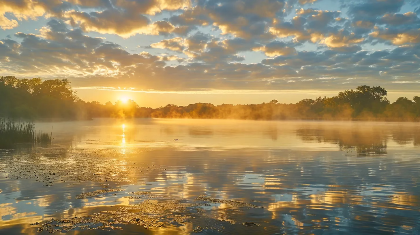 a serene sunrise bathes a tranquil lake in golden light, with mist gently rising above the water's surface, reflecting the vibrant colors of the sky.
