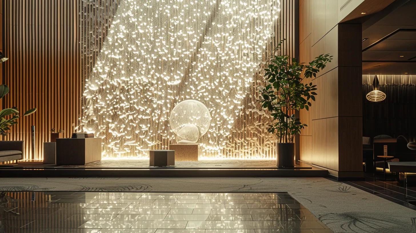Bubble Wall Panel Ideas for Modern Interiors 2 a sleek, contemporary office lobby features an impressive bubble wall panel, seamlessly integrated with elegant wood and glass elements, radiating a calming ambiance through rhythmic water sounds and captivating light patterns.