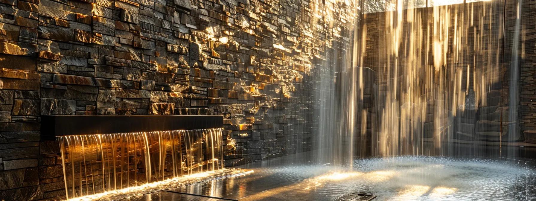 Captivating Wall Design: Embrace Waterfall Features 3 a sleek, contemporary waterfall wall design made of elegant glass cascading down a stone backdrop, creating a harmonious blend of modern and natural elements.