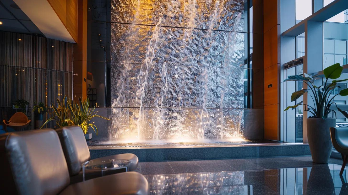 a sleek indoor bubble wall fountain, featuring glistening bubbles steadily rising against a modern textured backdrop, creates an inviting atmosphere of tranquility and sophistication in a contemporary office setting.