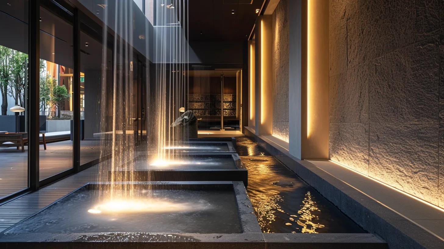 Designing Unique Custom Water Features for Gardens 2 a sleek, modern architectural space showcases an impressive bespoke fountain and textured wall feature, harmoniously blending illuminated water jets and sculptural elements, while enhancing the perception of depth and movement through artistic fluid dynamics and durable materials.