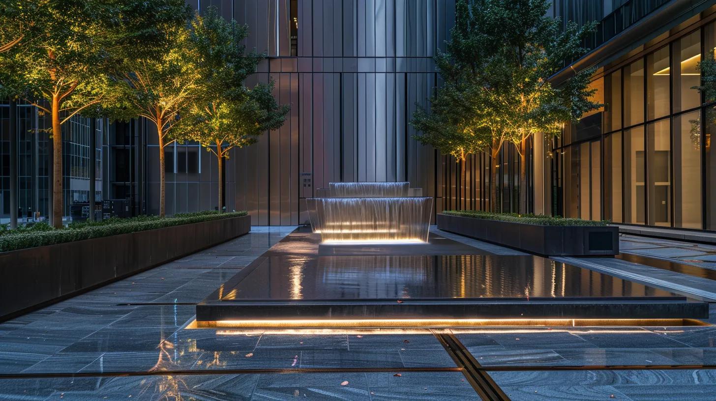 a sleek, modern courtyard with a striking custom-designed water feature, illuminated by ambient lighting, creating a serene focal point amidst sophisticated stone and steel architecture.