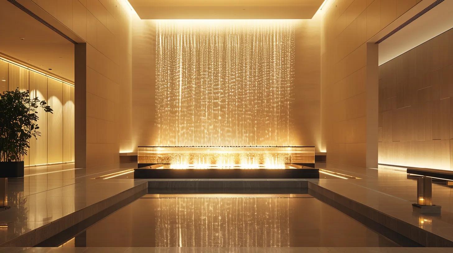 a sleek, modern indoor space showcases an elegant contemporary fountain, featuring dynamic water flow and minimalist design, illuminated by soft, ambient lighting that enhances the room's sophisticated atmosphere.
