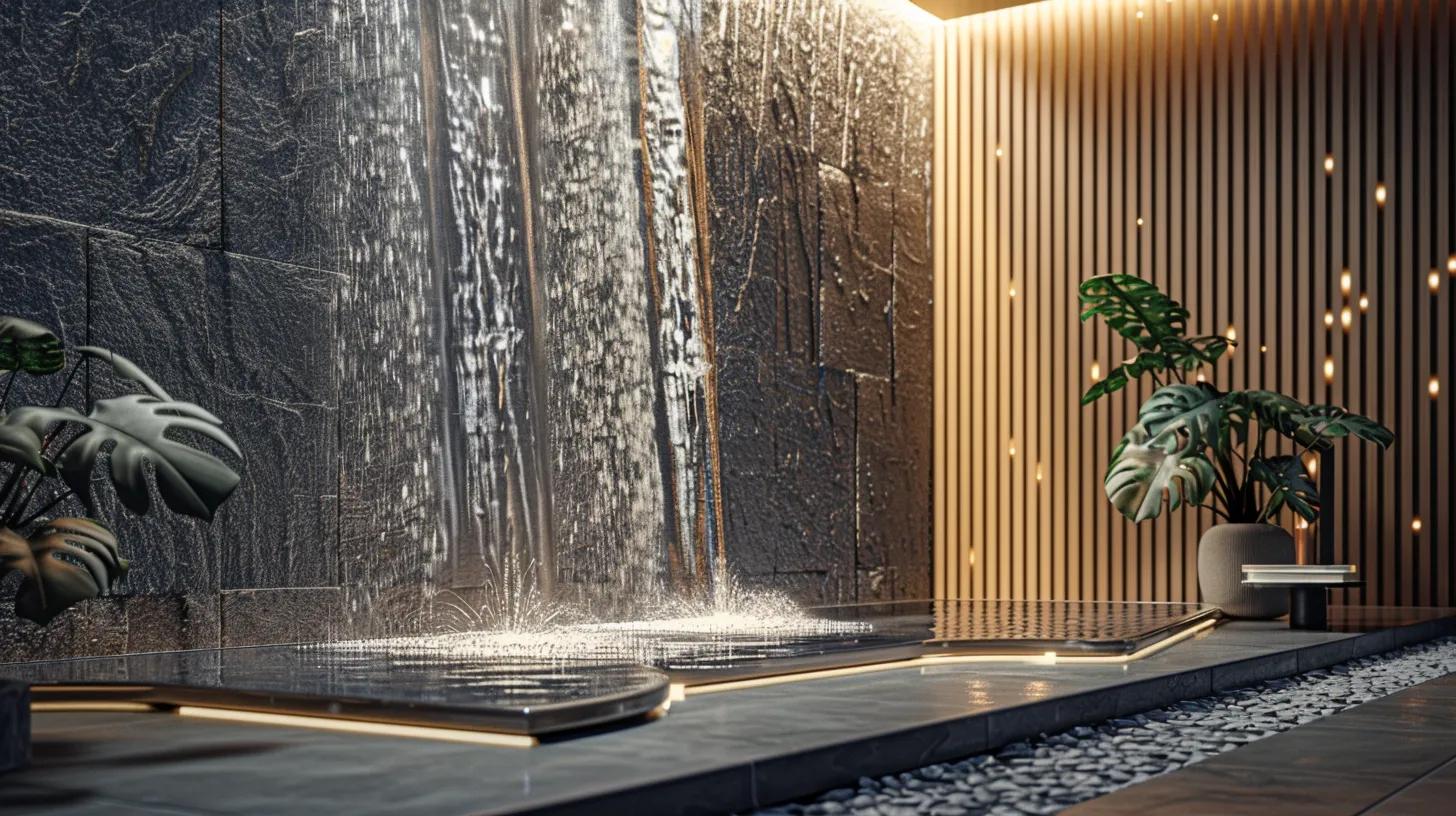 Transform Your Outdoors With a Decorative Waterfall Feature 2 a sleek, modern interior features a striking wall-mounted waterfall fountain, showcasing smooth water cascading over elegant sculpted surfaces, creating a captivating focal point in a contemporary urban living space.