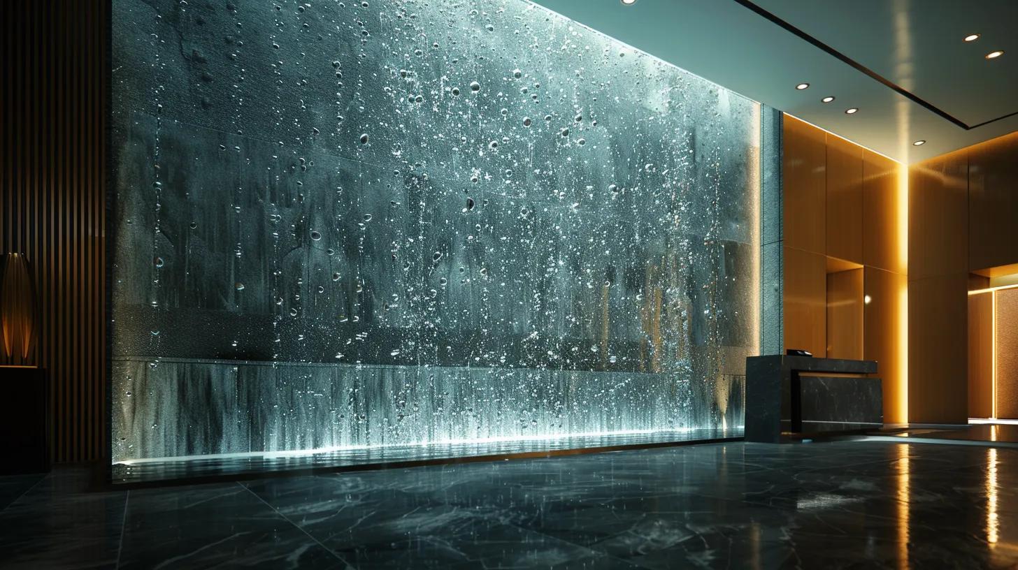 a sleek, modern interior features a striking water bubble wall as the centerpiece, illuminated by ambient lighting that enhances the mesmerizing movement of bubbles against a polished stone backdrop.