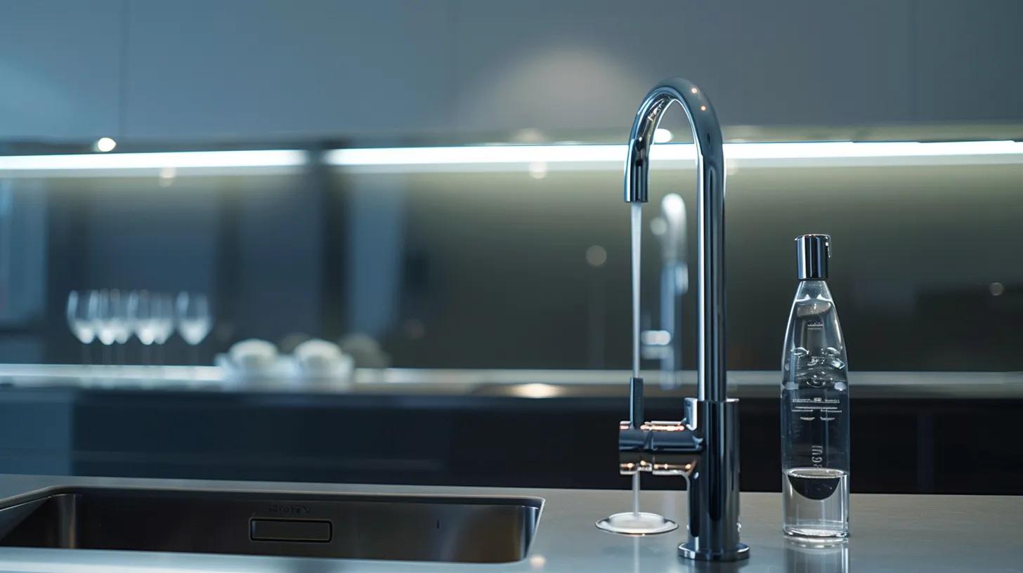 a sleek, modern kitchen showcases an innovative water system installation, featuring a streamlined faucet and intuitive filtration unit under bright, artificial lighting that emphasizes the cutting-edge technology.