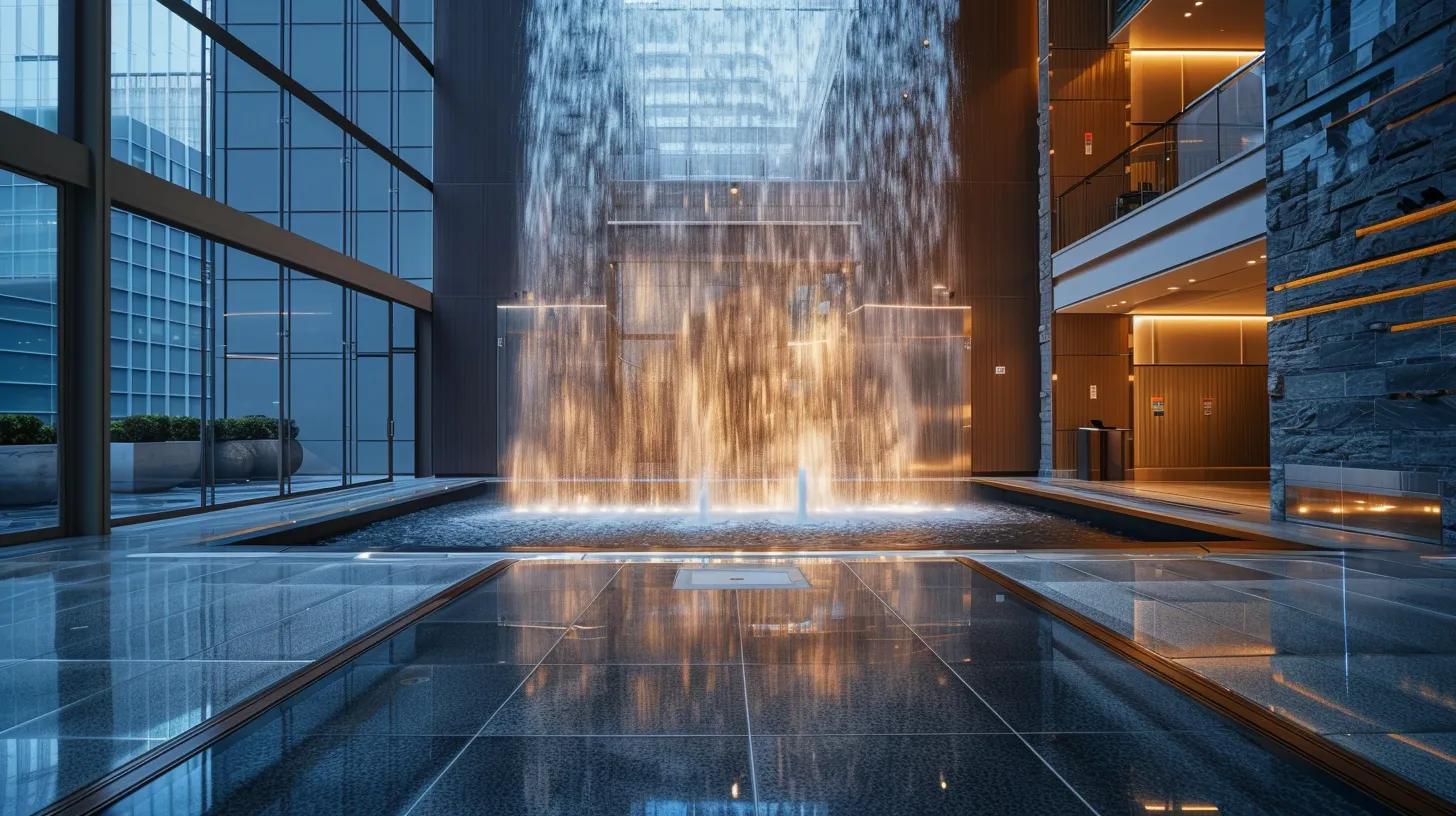 Enhance Your Space With Beautiful Glass Panel Ideas 3 a sleek, modern lobby features a stunning glass panel waterfall as its centerpiece, where crystal-clear water cascades gracefully over custom-cut panels, reflecting dynamic light and creating a serene ambiance that enhances the refined architectural space.