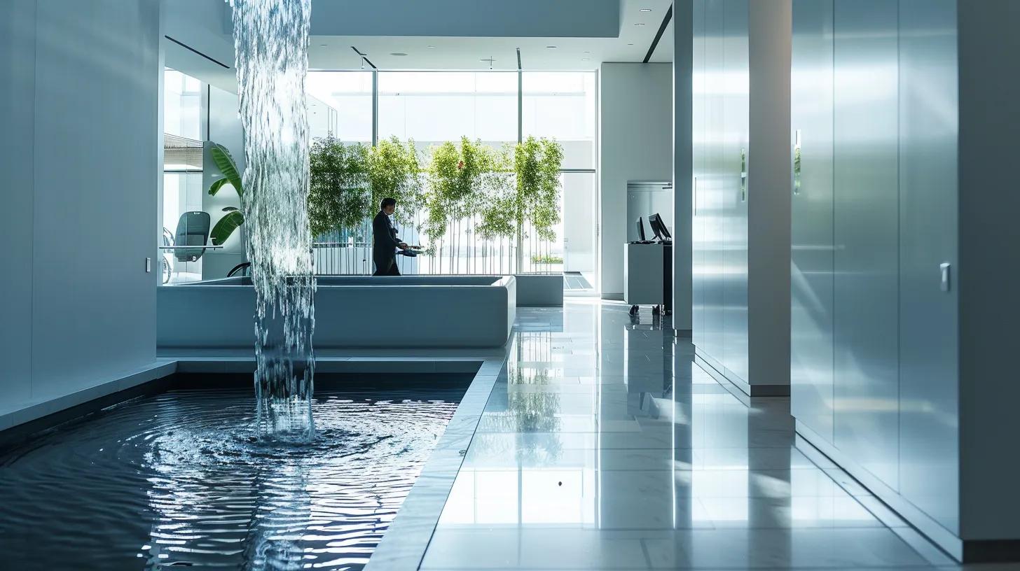 Elegant Custom Water Features Available in Montoursville PA 5 a sleek, modern office environment features a professional technician conducting routine maintenance on a sophisticated water feature, surrounded by advanced monitoring equipment and bright, polished surfaces that reflect the crystalline water.