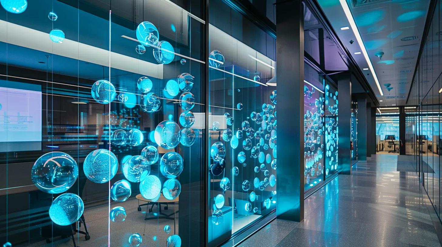 a sleek, modern office interior showcases a striking bubble wall partition, with vibrant bubbles illuminated by subtle overhead lighting, creating a dynamic and engaging atmosphere.