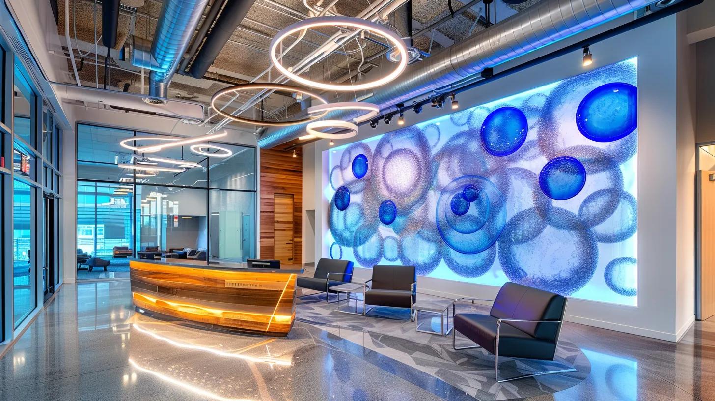 a sleek, modern office interior features a striking bubble wall panel, with vibrant, illuminated bubbles creating a dynamic focal point against a minimalist backdrop of polished concrete and metal.
