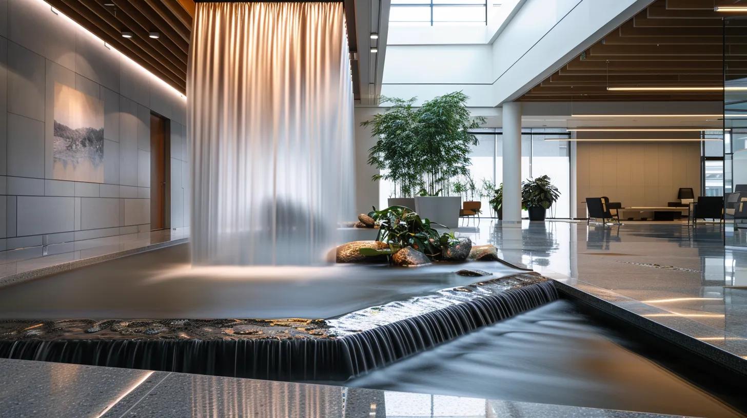 a sleek, modern office interior features an elegant decorative waterfall cascading over polished stone, creating a serene focal point amidst contemporary furnishings and ambient lighting.