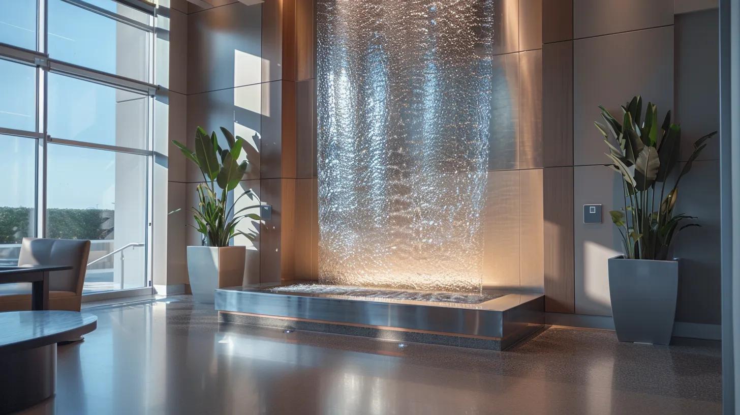 a sleek, modern office interior showcases a captivating bubble wall fountain, its shimmering bubbles reflecting the warm, ambient lighting and creating a serene focal point amidst contemporary decor.