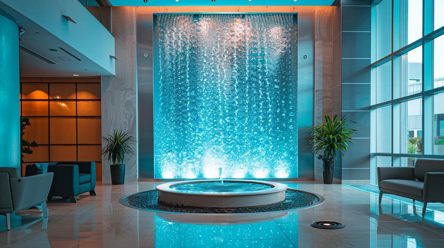 a sleek, modern office interior features a stunning led water bubble fountain wall, elegantly illuminated with vibrant colors that create a captivating focal point in the space.
