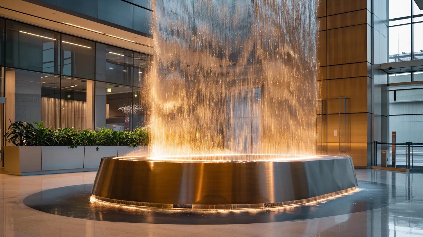 Transform Your Outdoors With a Decorative Waterfall Feature 11 a sleek modern office lobby showcases a stunning custom-designed waterfall fountain, serving as a luxurious focal point that elevates the aesthetic appeal and ambiance of the space, illuminated by indirect soft lighting to highlight its intricate details.