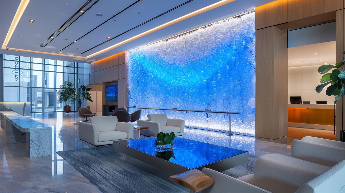 a sleek, modern office lobby features a striking floor-standing water bubble wall, illuminated by dynamic led lighting, creating a captivating focal point that enhances the contemporary ambiance.