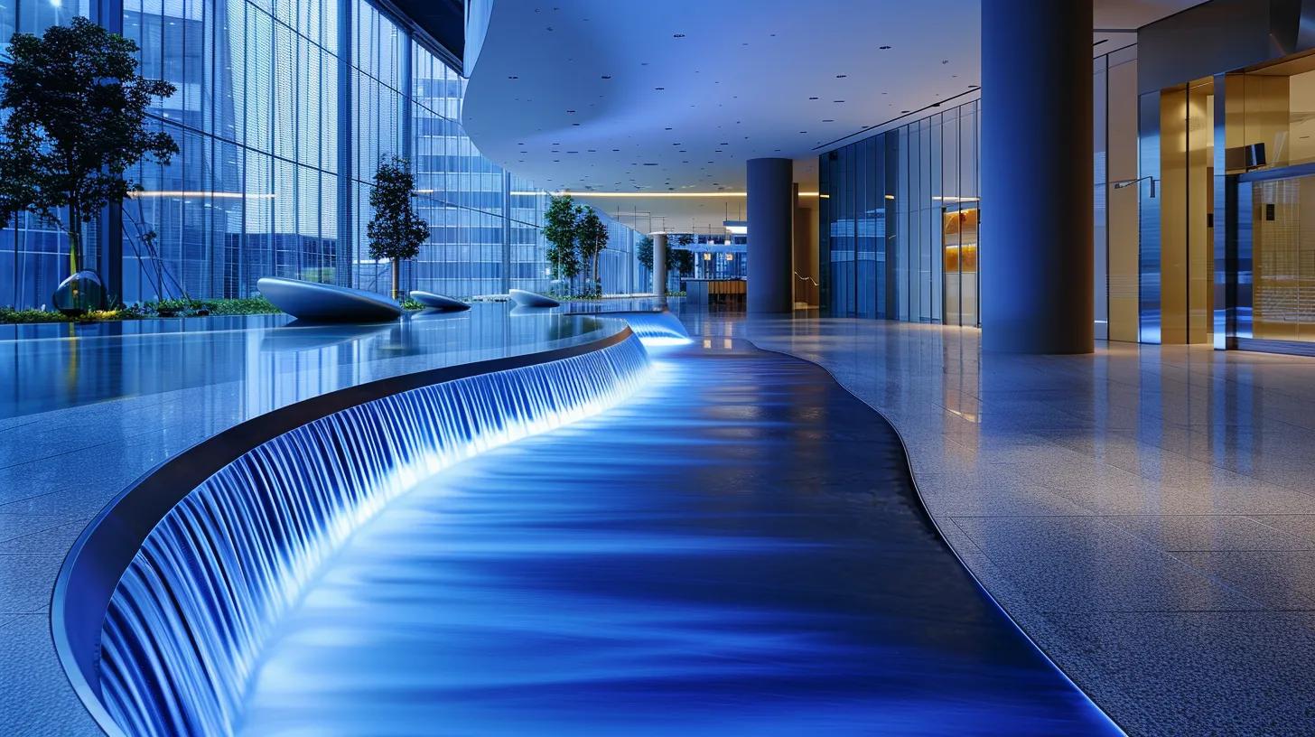 a sleek modern office lobby showcases an elegant, custom-made water feature with intricate, flowing lines and soft blue lighting, reflecting the sophistication of contemporary design.
