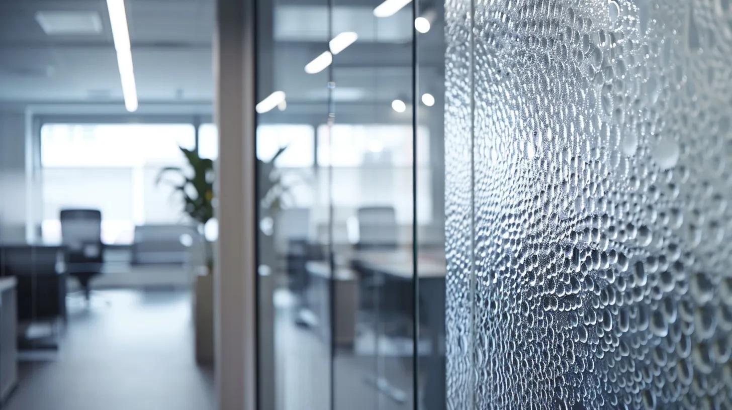 a sleek, modern office space features an elegant water bubble wall partition, creating an eye-catching focal point that seamlessly blends contemporary design with a tranquil ambiance.