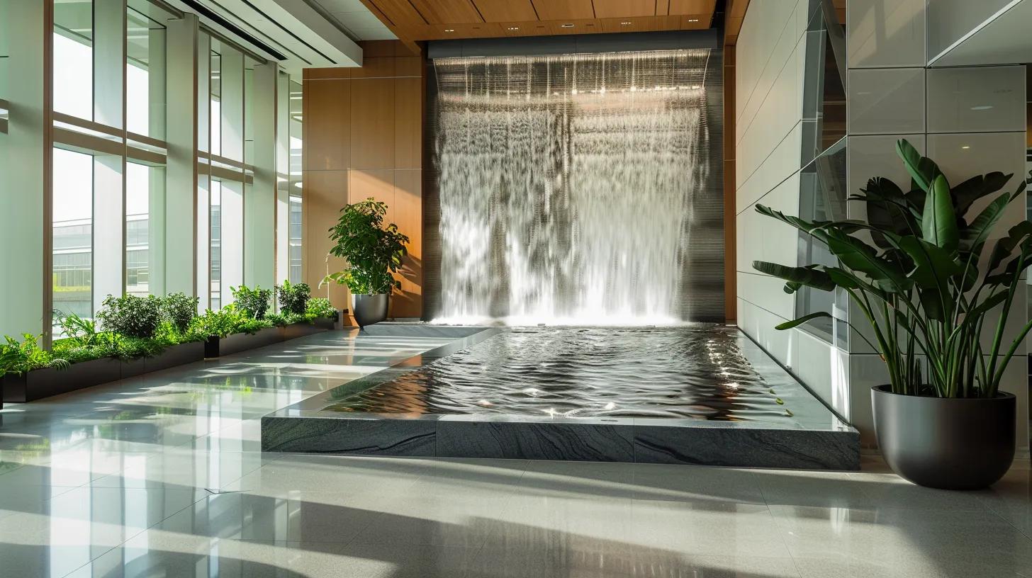 Transform Your Outdoors With a Decorative Waterfall Feature 1 a sleek, modern office space features a stunning indoor cascading waterfall installation, with crystal-clear water flowing gracefully over sculpted tiers, creating a tranquil ambiance that promotes relaxation and reduces stress among busy professionals.