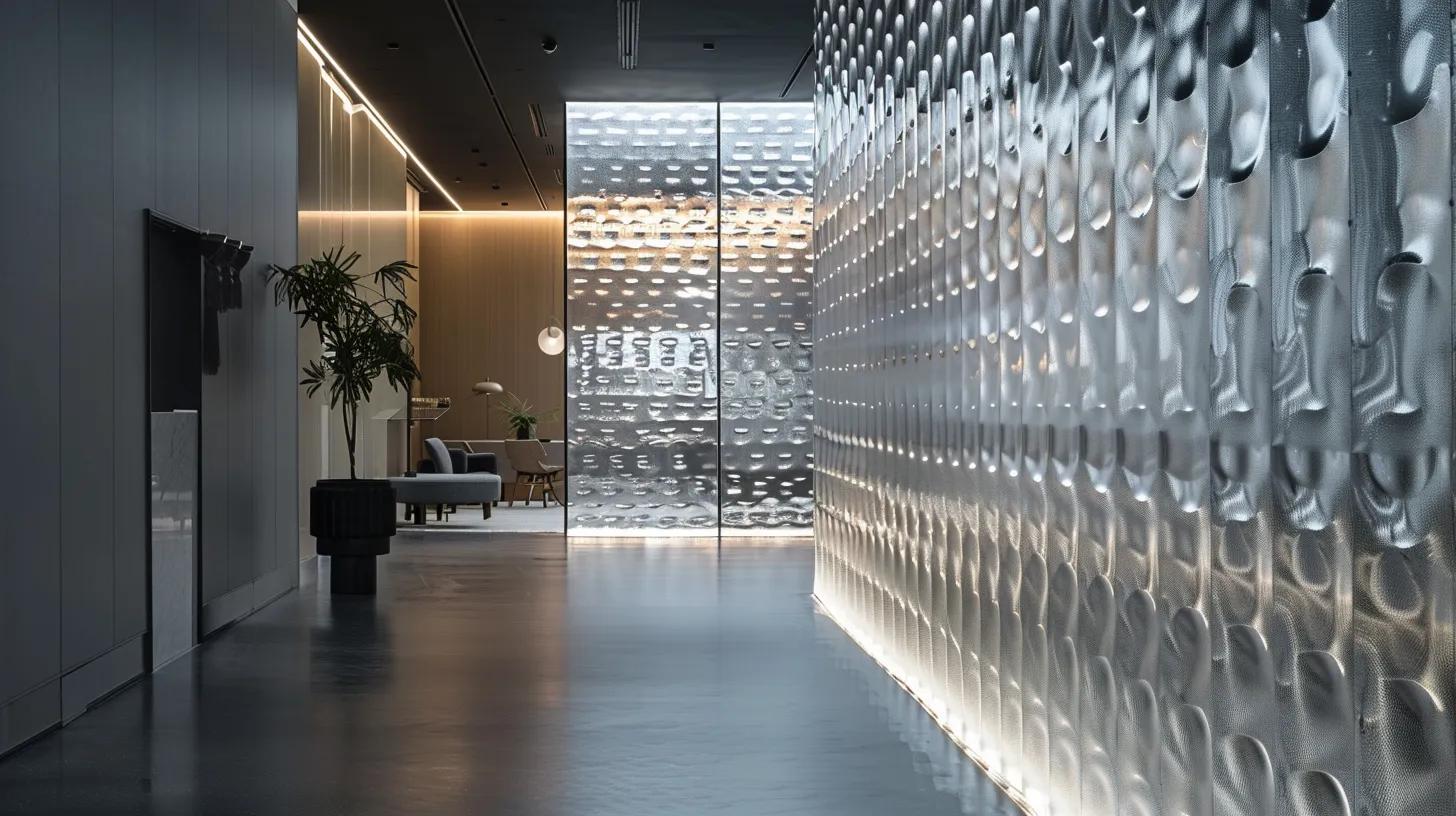 Bubble Wall Panel Ideas for Modern Interiors 4 a sleek, modern office space showcases elegant bubble wall panels, illuminated by soft, ambient lighting, highlighting their innovative design and craftsmanship while surrounded by stylish furniture and decorative elements.