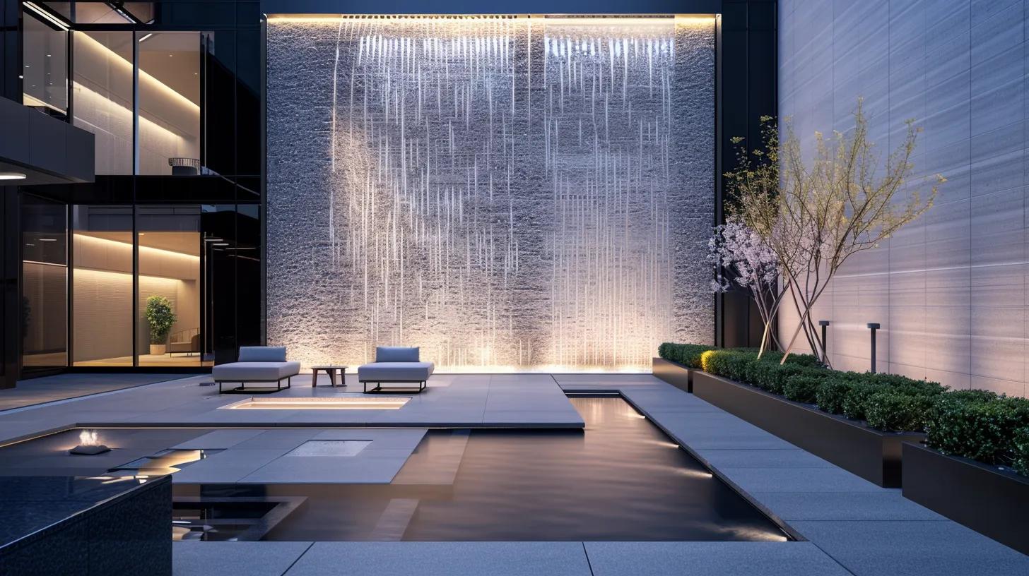 Sleek modern outdoor setting featuring a cascading water wall, illuminated by soft lighting, surrounded by minimalist seating and lush greenery, enhancing tranquility and elegance in outdoor decor.
