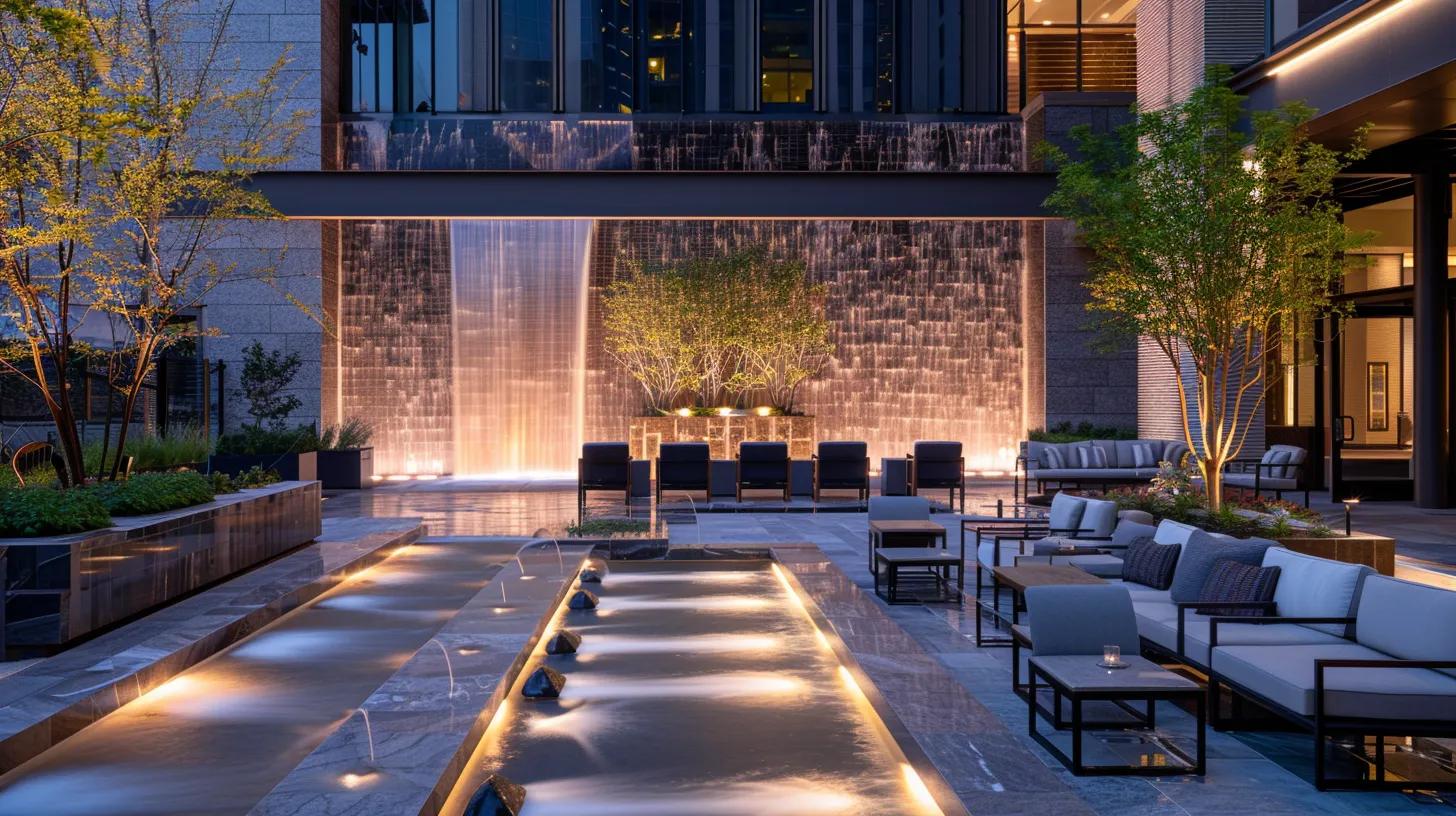 Elegant outdoor space featuring a modern bubble wall water feature, illuminated seating area with contemporary furniture, and lush greenery, enhancing the ambiance of relaxation and tranquility.