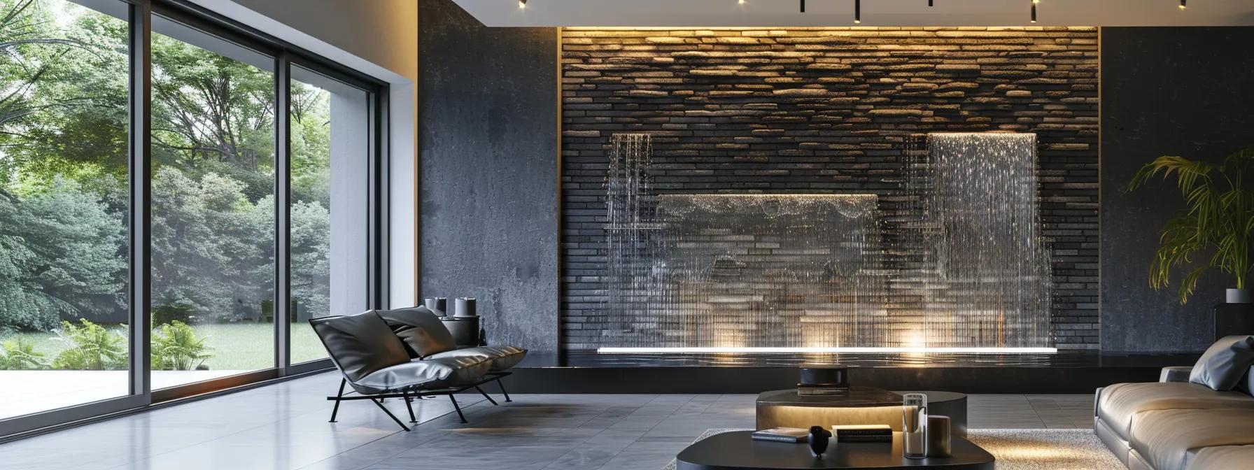 Captivating Wall Design: Embrace Waterfall Features 2 a sleek, modern wall-mounted waterfall cascading down a textured stone surface in a contemporary living room.