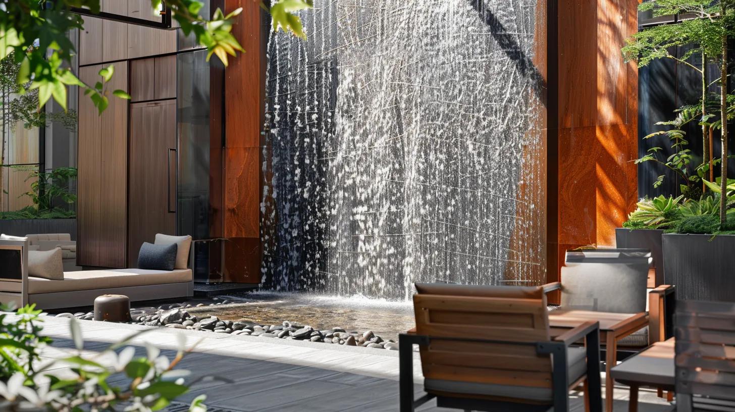 Sleek outdoor bubble wall water feature cascading water, surrounded by modern seating and lush greenery, enhancing patio ambiance and design elegance.